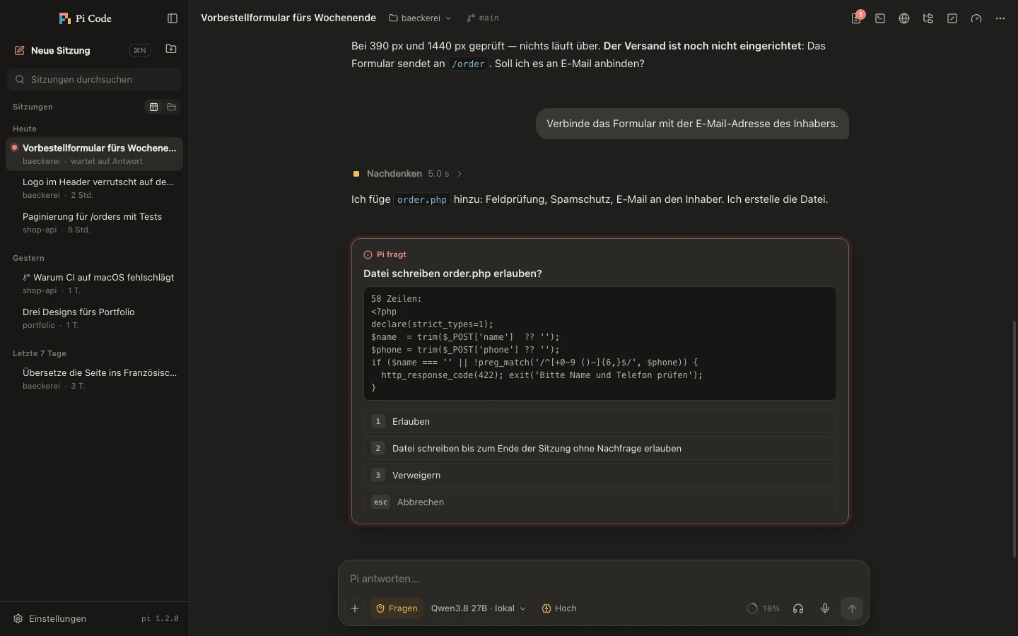 Pi Code im dunklen Modus: Pi bittet um Erlaubnis, eine Datei zu schreiben