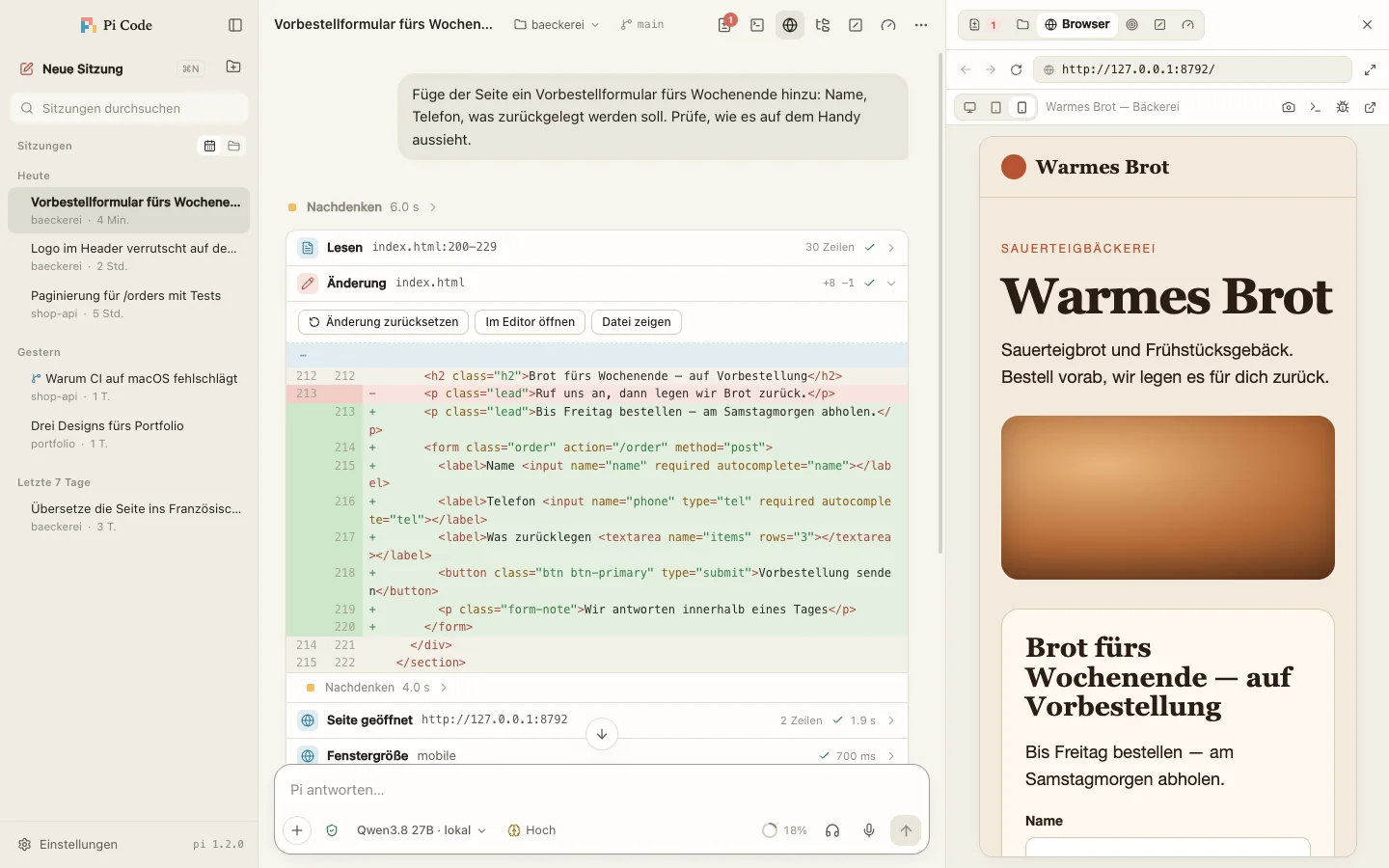 Pi Code: Pi hat eine Seite im eingebauten Browser in Handybreite geöffnet