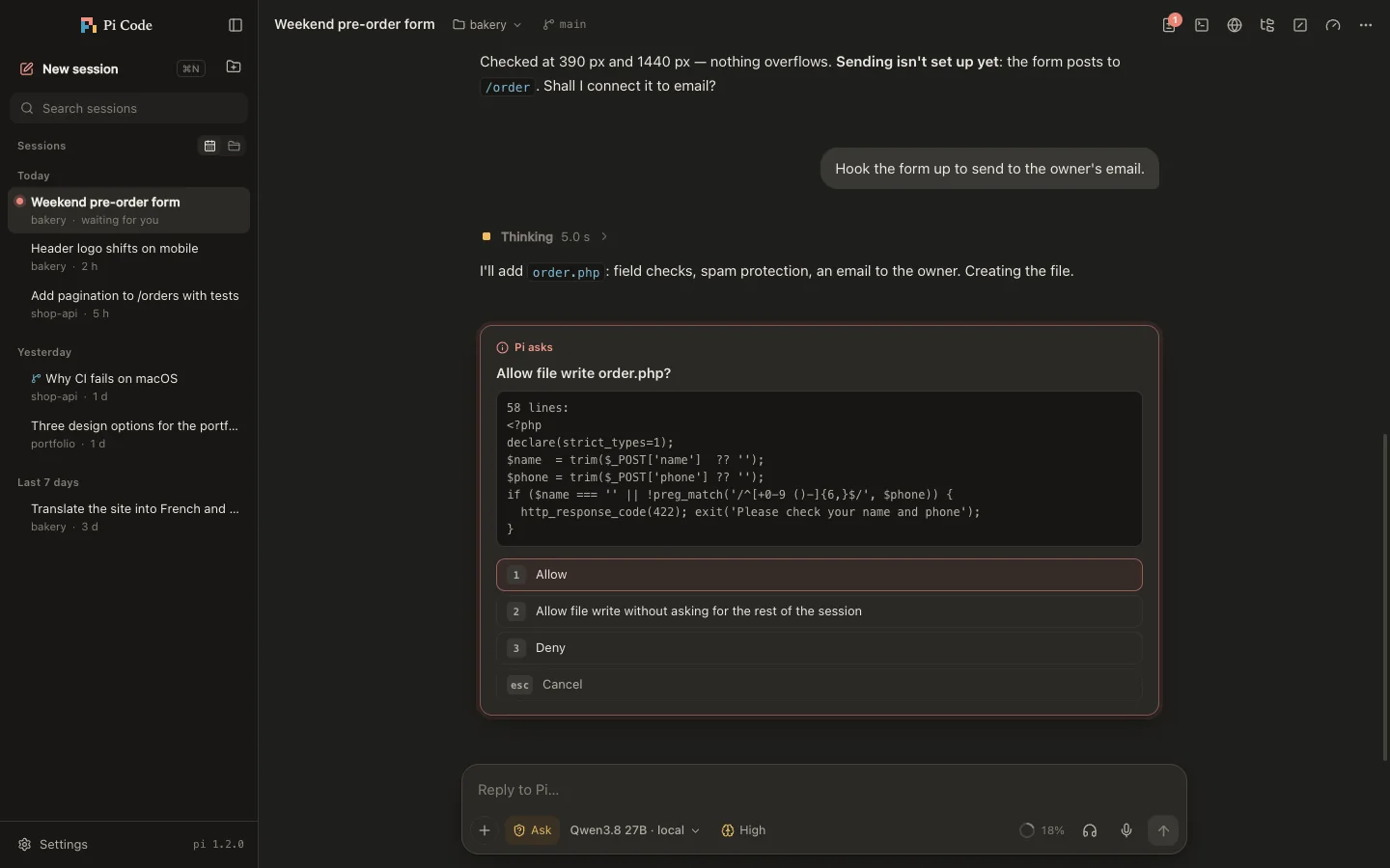 Pi Code in dark mode: Pi asks permission to write a file