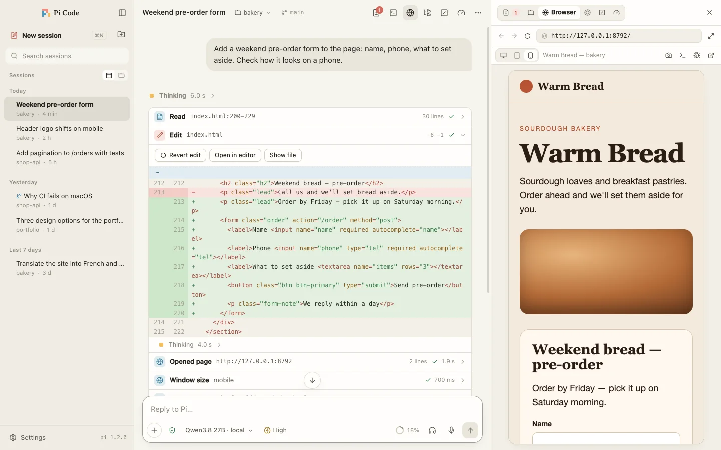 Pi Code: Pi opened a site in the built-in browser at phone width