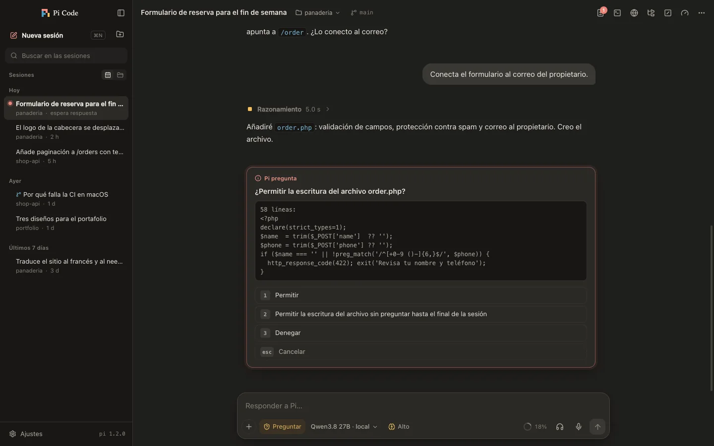 Pi Code en modo oscuro: Pi pide permiso para escribir un archivo