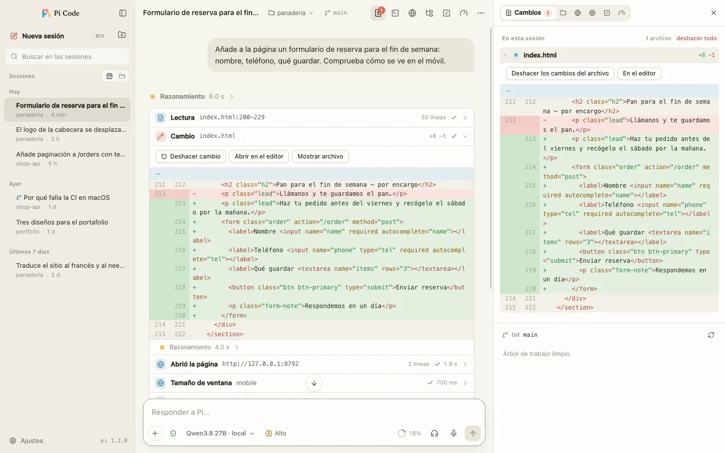 Ventana de Pi Code: historial con un cambio de archivo y su diff, cambios de la sesión a la derecha