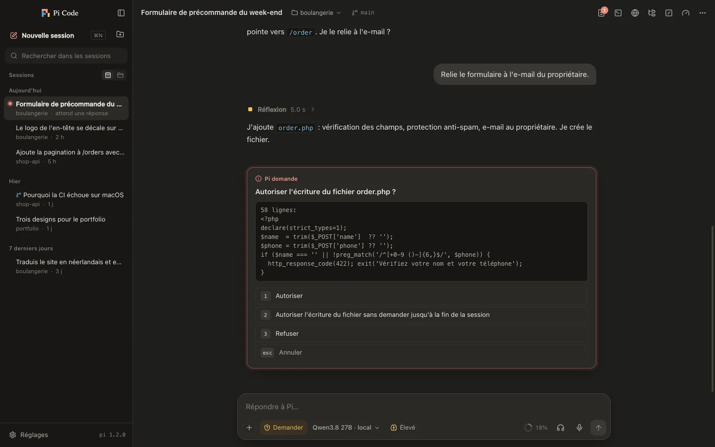 Pi Code en mode sombre : Pi demande l’autorisation d’écrire un fichier