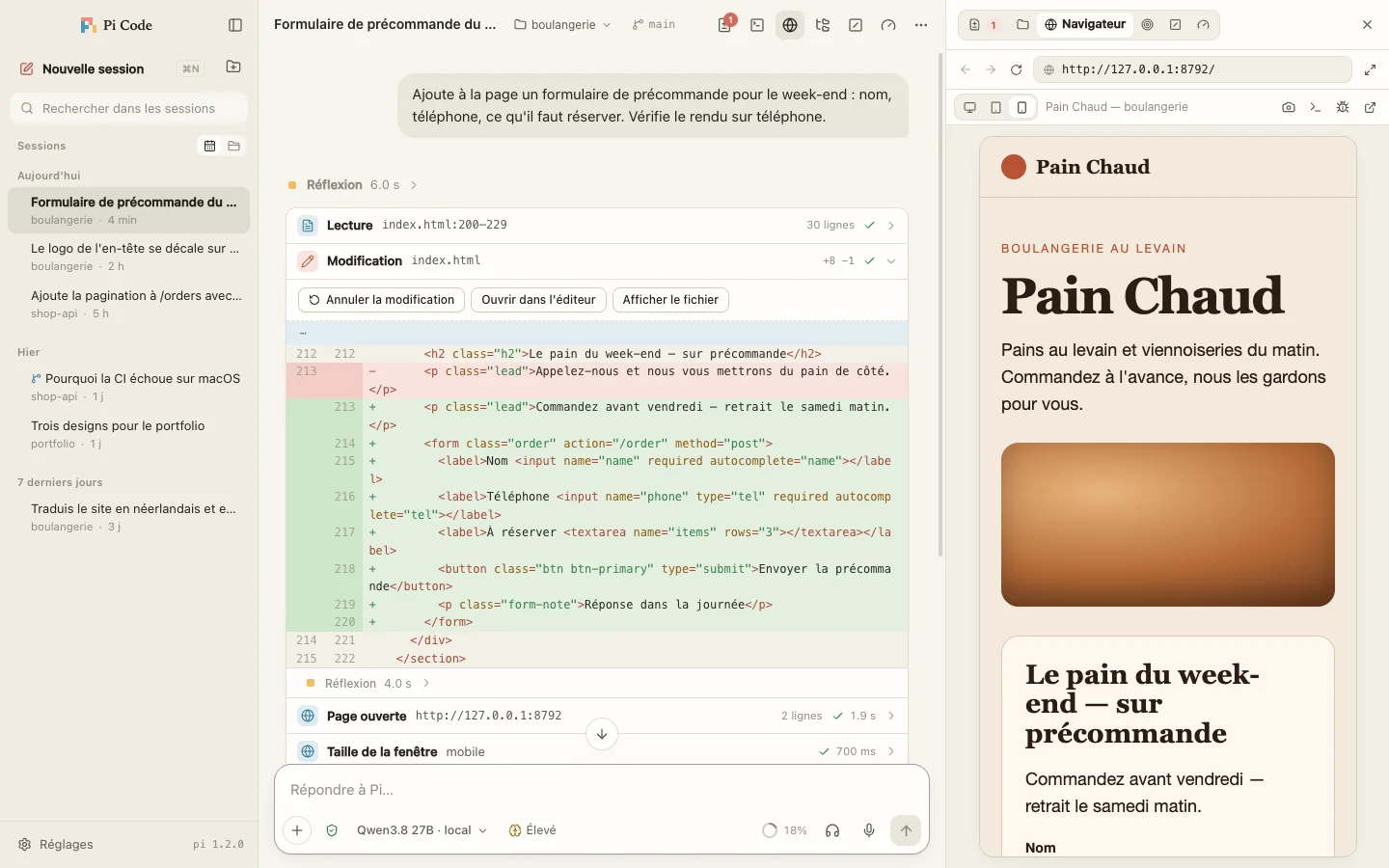 Pi Code : Pi a ouvert un site dans le navigateur intégré en largeur téléphone