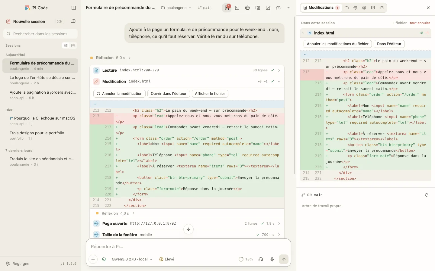 Fenêtre Pi Code : fil avec une modification de fichier et son diff, changements de la session à droite