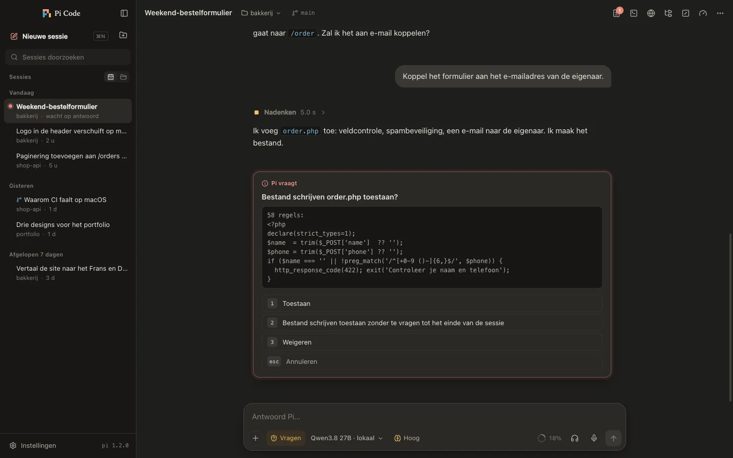 Pi Code in donkere modus: Pi vraagt toestemming om een bestand te schrijven